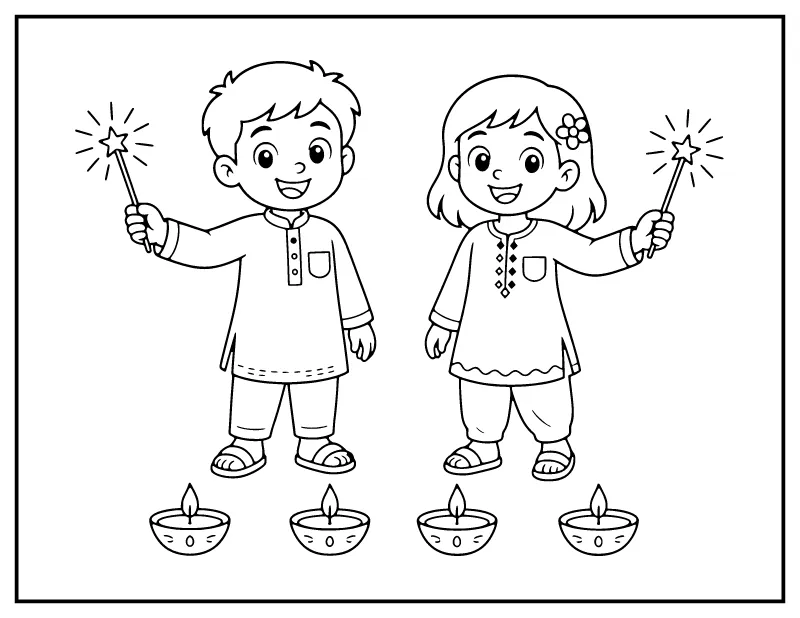 Kids with Sparklers coloring page – printable black and white line art