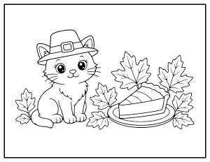 Kitten in a Pilgrim Hat with Pumpkin Pie coloring page – printable line art