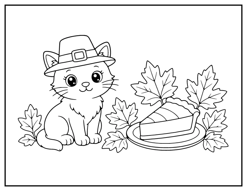 Kitten in a Pilgrim Hat with Pumpkin Pie coloring page – printable black and white line art