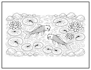 Koi Pond Zen Garden coloring page – printable line art