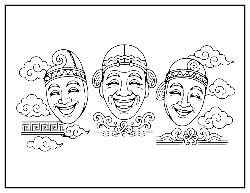 Korean Folk Masks coloring page – printable black and white line art