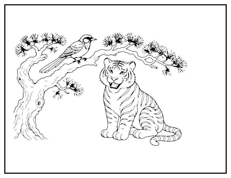 Korean Tiger and Magpie coloring page – printable black and white line art