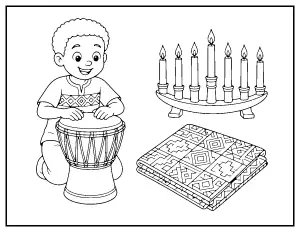 Boy Playing a Djembe with a Kinara and Kente Cloth coloring page – printable line art
