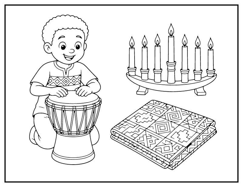 Boy Playing a Djembe with a Kinara and Kente Cloth coloring page – printable black and white line art
