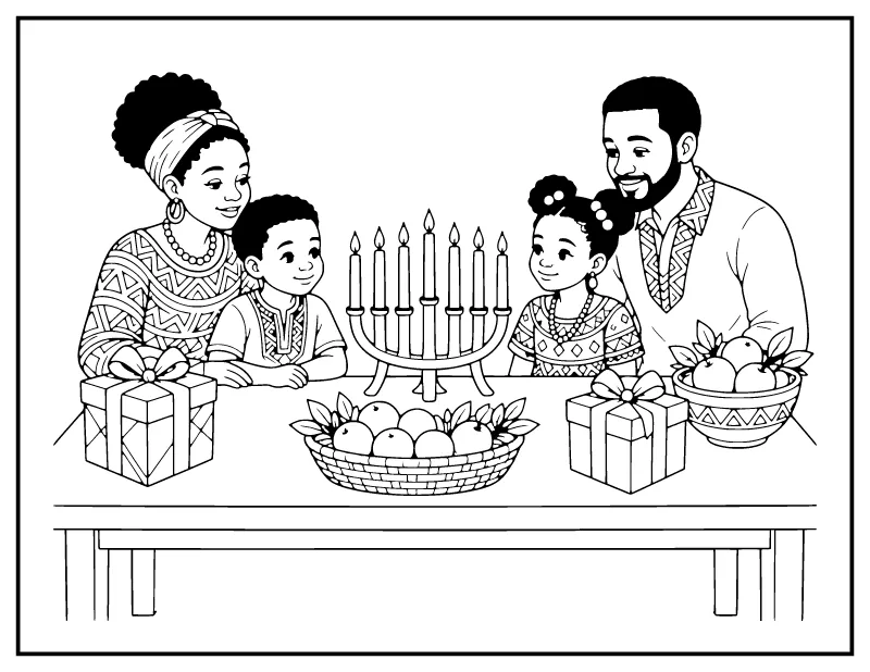 Kwanzaa Family Celebration coloring page – printable black and white line art