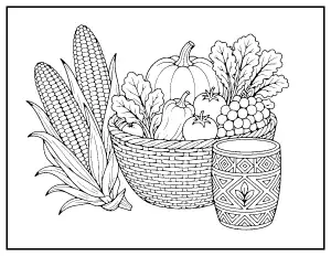 Kwanzaa Harvest Basket and Unity Cup coloring page – printable line art