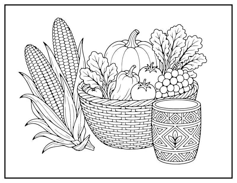 Kwanzaa Harvest Basket and Unity Cup coloring page – printable black and white line art