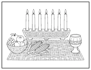 Kwanzaa Kinara with Mkeka, Unity Cup and Harvest coloring page – printable line art