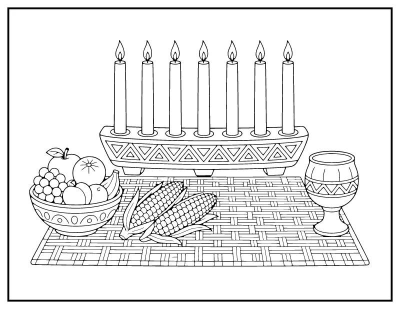 Kwanzaa Kinara with Mkeka, Unity Cup and Harvest coloring page – printable black and white line art