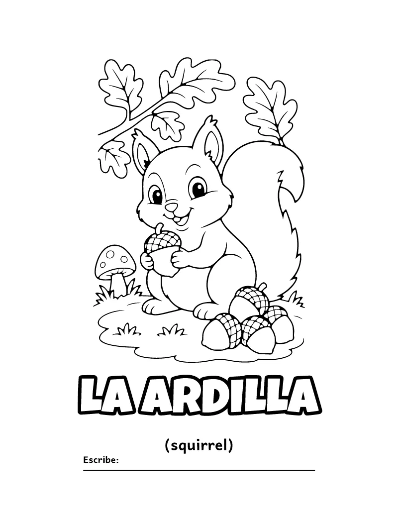 La Ardilla (Squirrel) Spanish Coloring Page coloring page – printable black and white line art