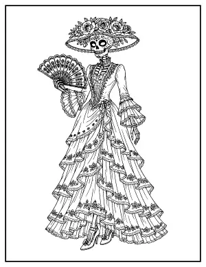 La Catrina in a Ruffled Dress coloring page – printable line art