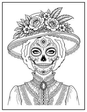 La Catrina Portrait with a Flower Hat coloring page – printable line art