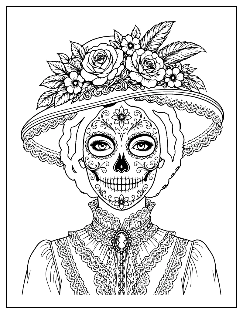 La Catrina Portrait with a Flower Hat coloring page – printable black and white line art