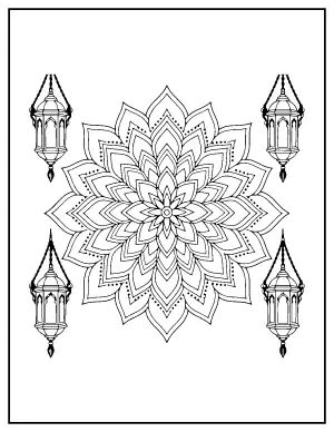 Lantern and Lotus Diwali Mandala coloring page – printable line art