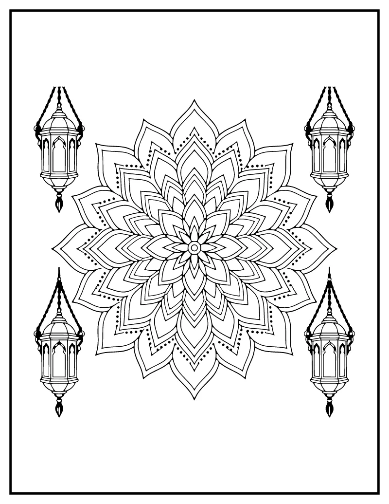 Lantern and Lotus Diwali Mandala coloring page – printable black and white line art