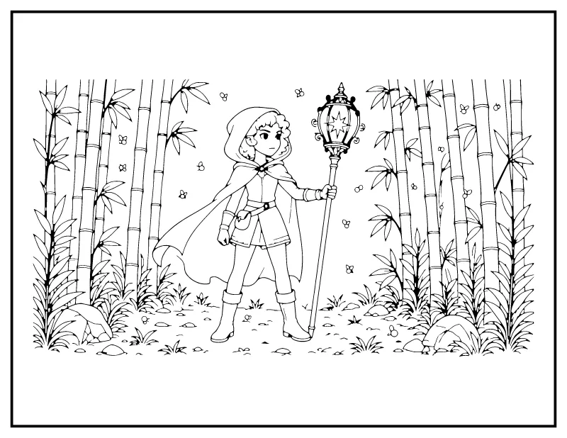 Heroine with a Lantern Staff coloring page – printable black and white line art