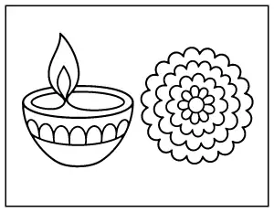 Large Print Diya and Marigold coloring page – printable line art