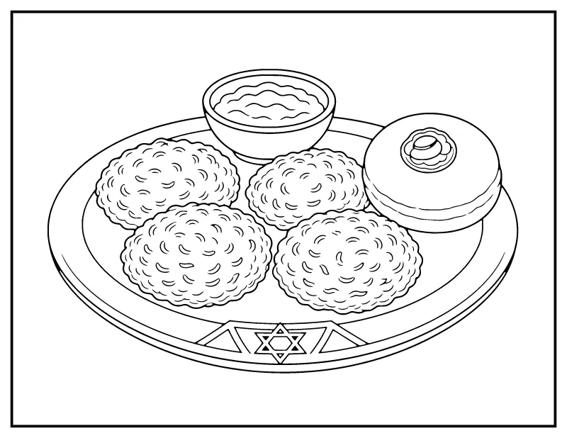 Latkes and Jelly Doughnut Plate coloring page – printable black and white line art