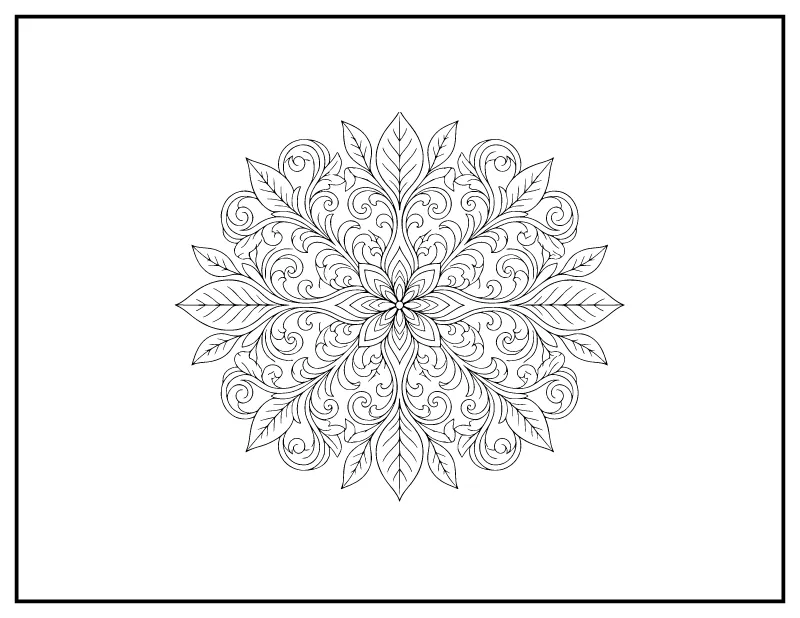 Leaf and Vine Mandala coloring page – printable black and white line art