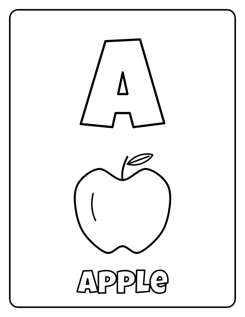 Letter A is for Apple coloring page – printable black and white line art