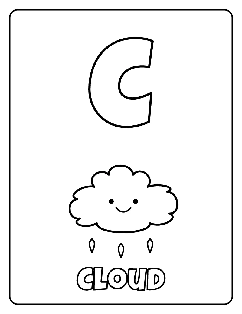 Letter C is for Cloud coloring page – printable black and white line art