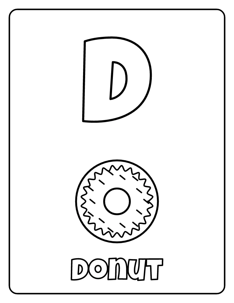 Letter D is for Donut coloring page – printable black and white line art