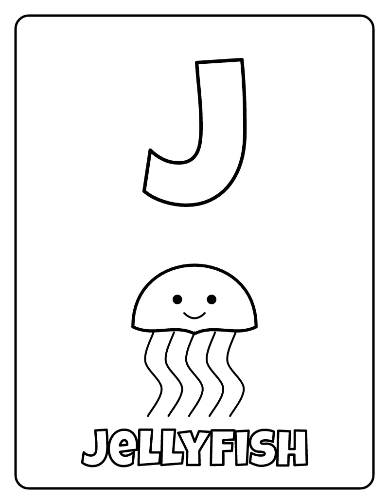 Letter J is for Jellyfish coloring page – printable black and white line art