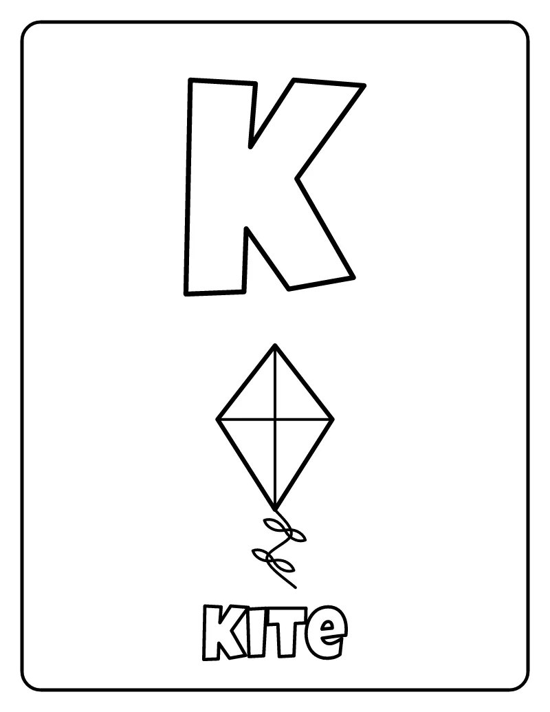 Letter K is for Kite coloring page – printable black and white line art