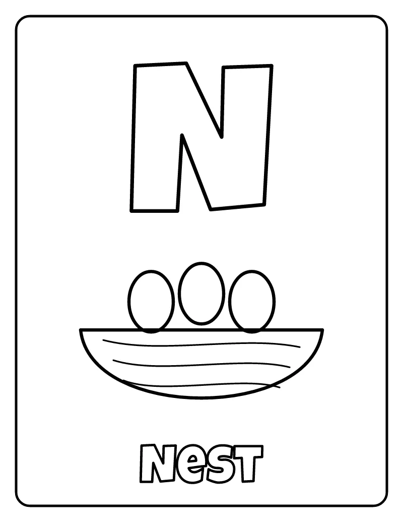 Letter N is for Nest coloring page – printable black and white line art
