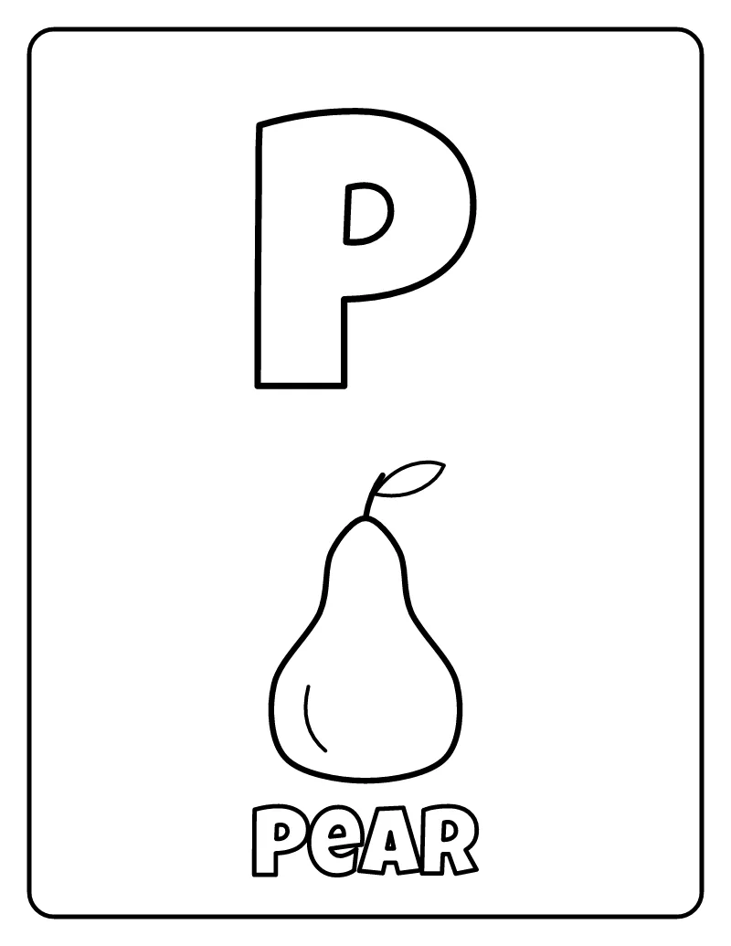 Letter P is for Pear coloring page – printable black and white line art
