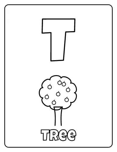 Letter T is for Tree coloring page – printable line art