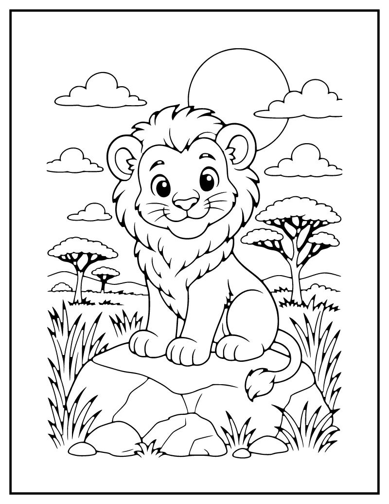 Lion Cub in the Savanna coloring page – printable black and white line art