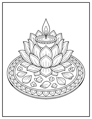 Lotus Diya coloring page – printable line art