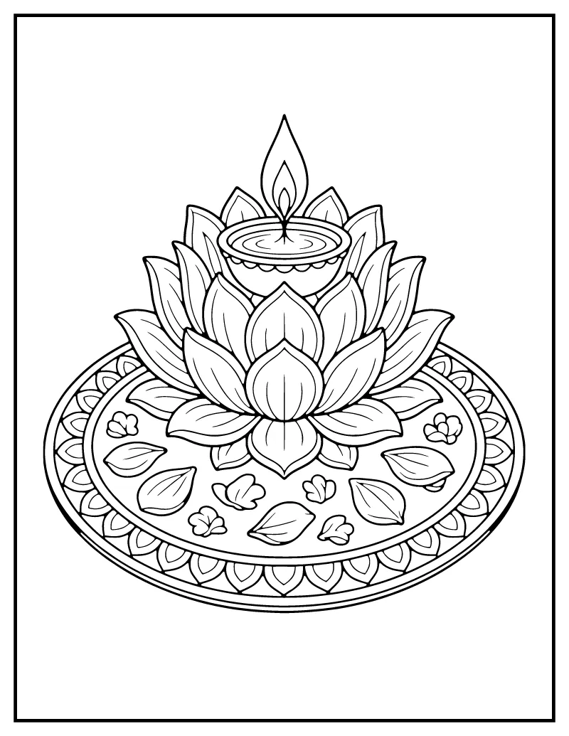 Lotus Diya coloring page – printable black and white line art