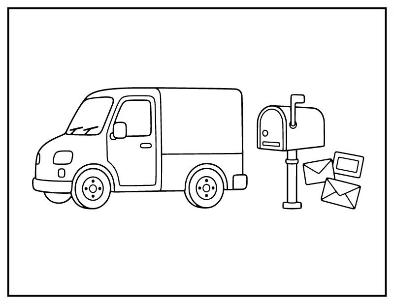 Mail Truck with Letters coloring page – printable black and white line art