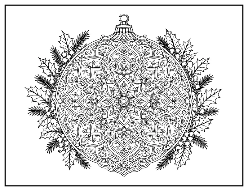 Mandala Christmas Ornament coloring page – printable black and white line art