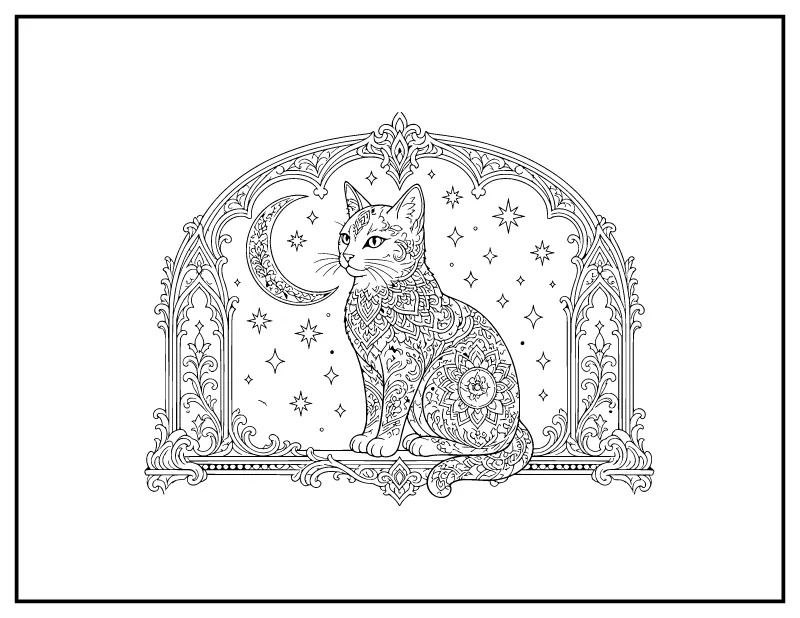 Mandala Moon Cat for Adults coloring page – printable black and white line art