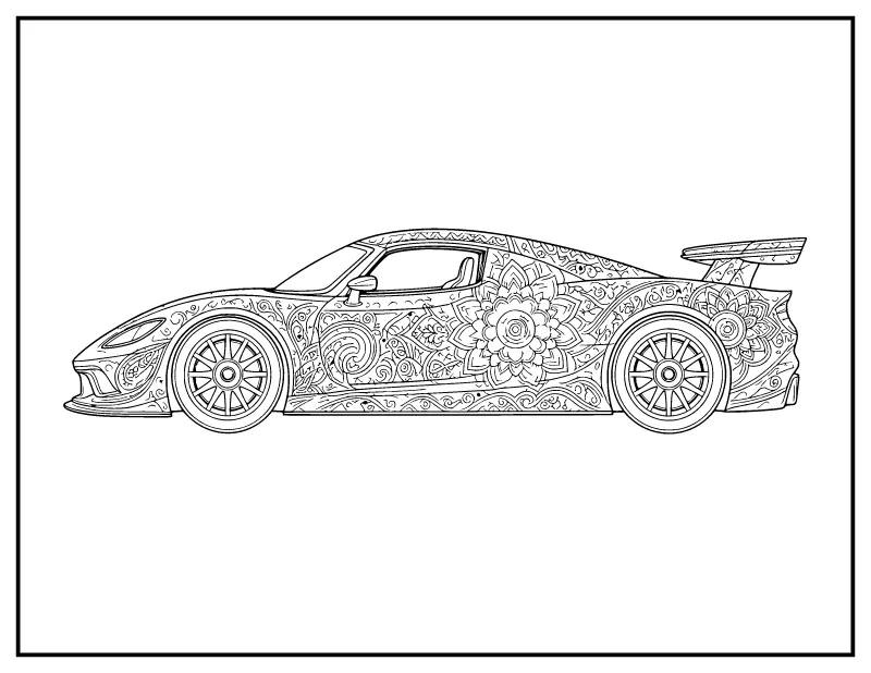 Mandala Race Car for Adults coloring page – printable black and white line art
