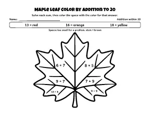 Maple Leaf Color by Addition (Within 20) coloring page – printable line art