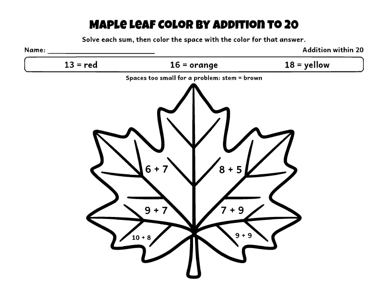 Maple Leaf Color by Addition (Within 20) coloring page – printable black and white line art