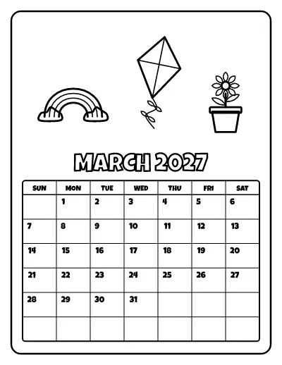 March 2027 Calendar coloring page – printable line art
