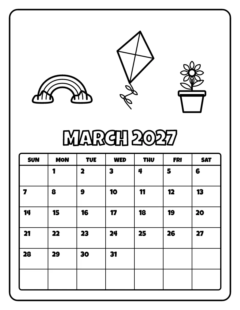 March 2027 Calendar coloring page – printable black and white line art