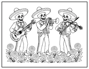 Mariachi Skeleton Band coloring page – printable line art