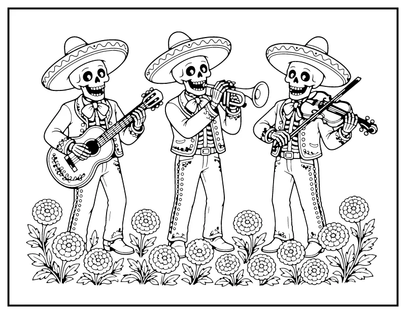 Mariachi Skeleton Band coloring page – printable black and white line art