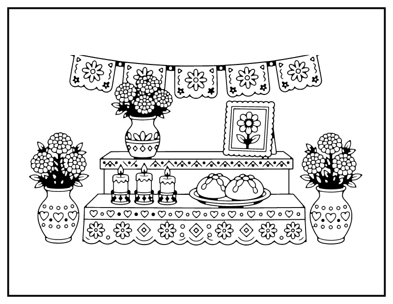 Marigold Ofrenda Candles coloring page – printable black and white line art