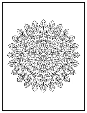 Marigold Peacock Diwali Mandala coloring page – printable line art