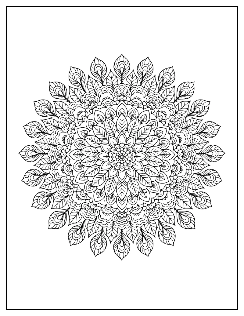 Marigold Peacock Diwali Mandala coloring page – printable black and white line art