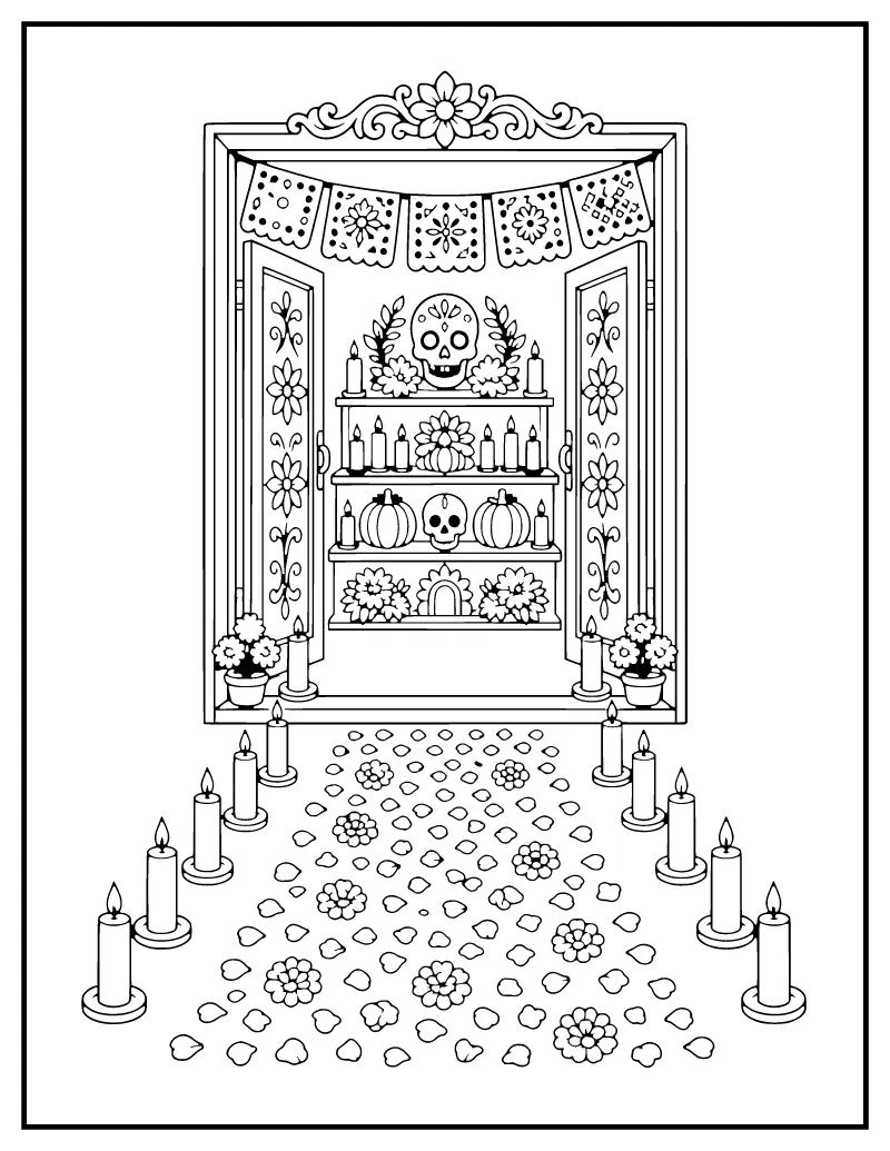 Marigold Petal Path to the Ofrenda coloring page – printable black and white line art
