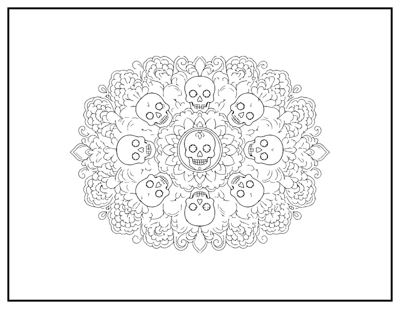 Marigold Sugar Skull Mandala coloring page – printable black and white line art