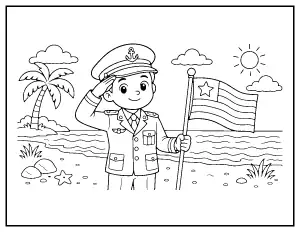 Marine Saluting on the Beach with Flag coloring page – printable line art